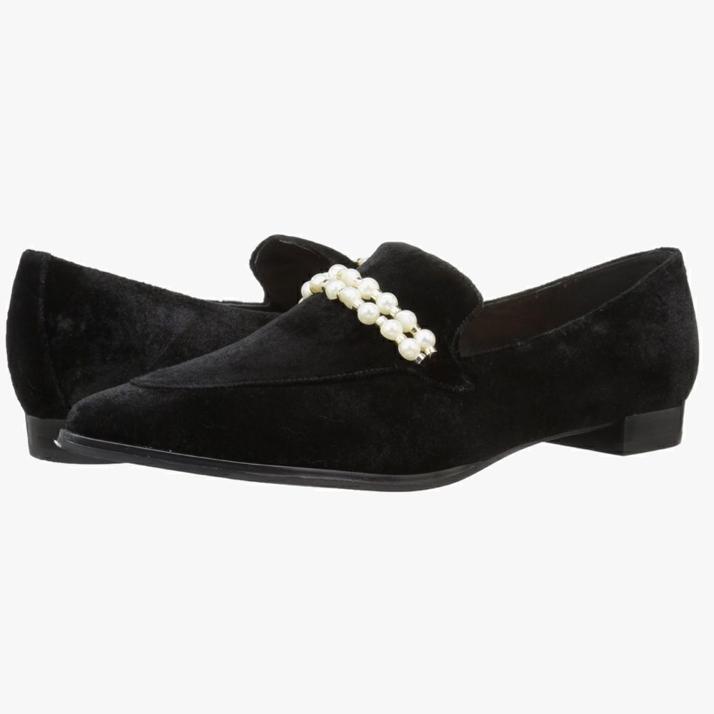 Marc Fisher Black Velvety Kneel Pearl Embellished Pointed Toe Slip On Loafer